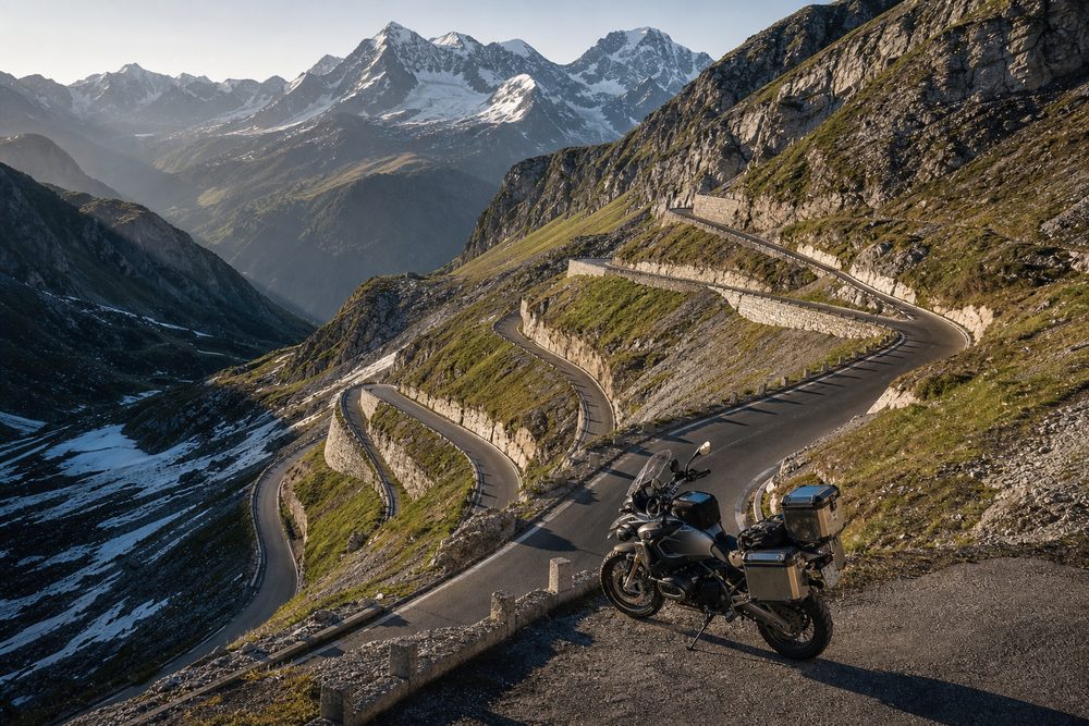 Carretera alpina entre puertos de los Alpes con una motocicleta preparada para viajar.
